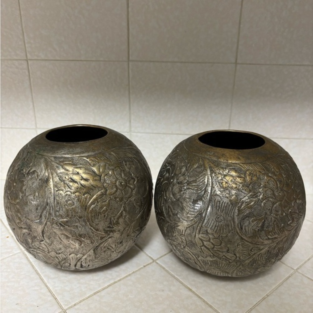 Vintage small round embossed brass vases